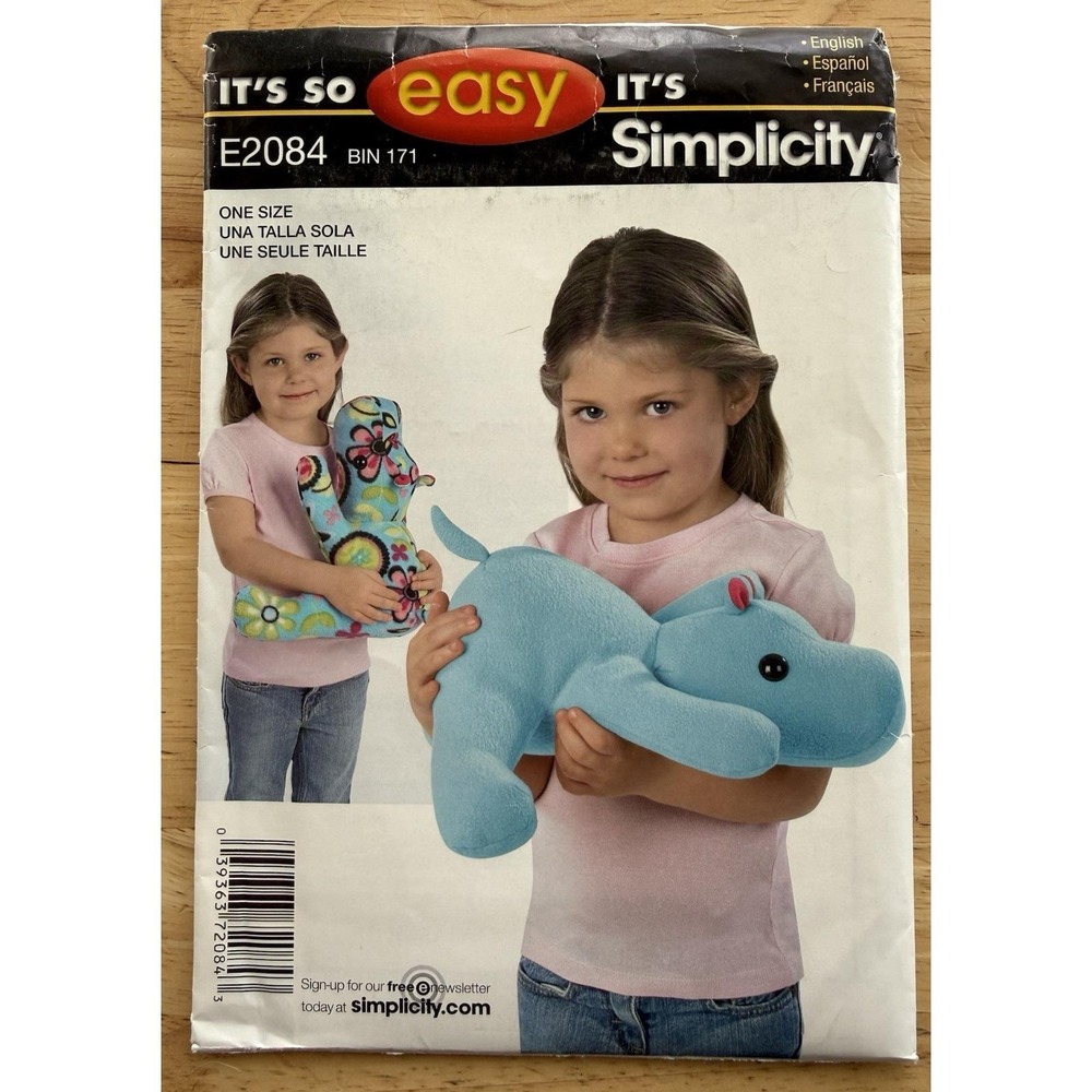 Simplicity It's So Easy Pattern E2084‎ Fleece Hippo Animal Plush One Size Uncut